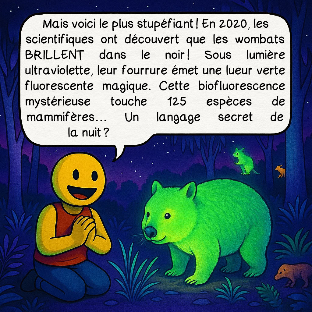 Le wombat, case 6 : Mais voici le plus stupéfiant ! En 2020, les scientifiques ont découvert que les wombats BRILLENT dans le noir ! Sous lumière ultraviolette, leur fourrure émet une lueur verte fluorescente magique. Cette biofluorescence mystérieuse touche 125 espèces de mammifères… Un langage secret de la nuit ?