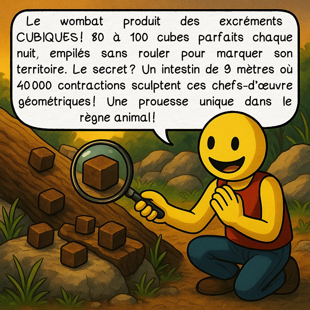 Le wombat, case 7 : Le wombat produit des excréments CUBIQUES ! 80 à 100 cubes parfaits chaque nuit, empilés sans rouler pour marquer son territoire. Le secret ? Un intestin de 9 mètres où 40 000 contractions sculptent ces chefs-d’œuvre géométriques ! Une prouesse unique dans le règne animal !