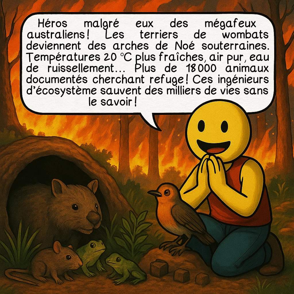 Le wombat, case 8 : Héros malgré eux des mégafeux australiens ! Les terriers de wombats deviennent des arches de Noé souterraines. Températures 20 °C plus fraîches, air pur, eau de ruissellement… Plus de 18 000 animaux documentés cherchant refuge ! Ces ingénieurs d’écosystème sauvent des milliers de vies sans le savoir !