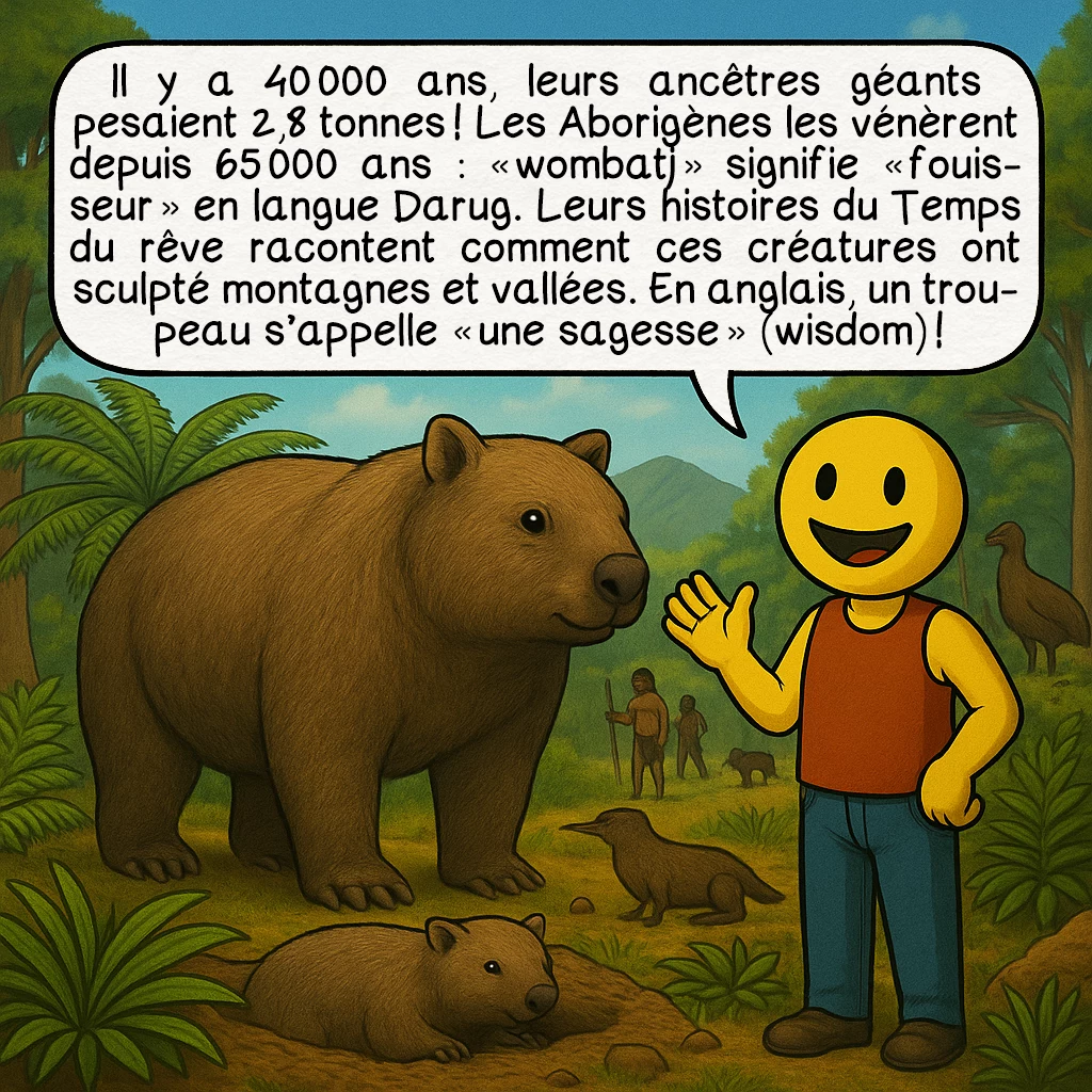 Le wombat, case 9 : Il y a 40 000 ans, leurs ancêtres géants pesaient 2,8 tonnes ! Les Aborigènes les vénèrent depuis 65 000 ans : « wombatj » signifie « fouisseur » en langue Darug. Leurs histoires du Temps du rêve racontent comment ces créatures ont sculpté montagnes et vallées. En anglais, un troupeau s’appelle « une sagesse » (wisdom) !