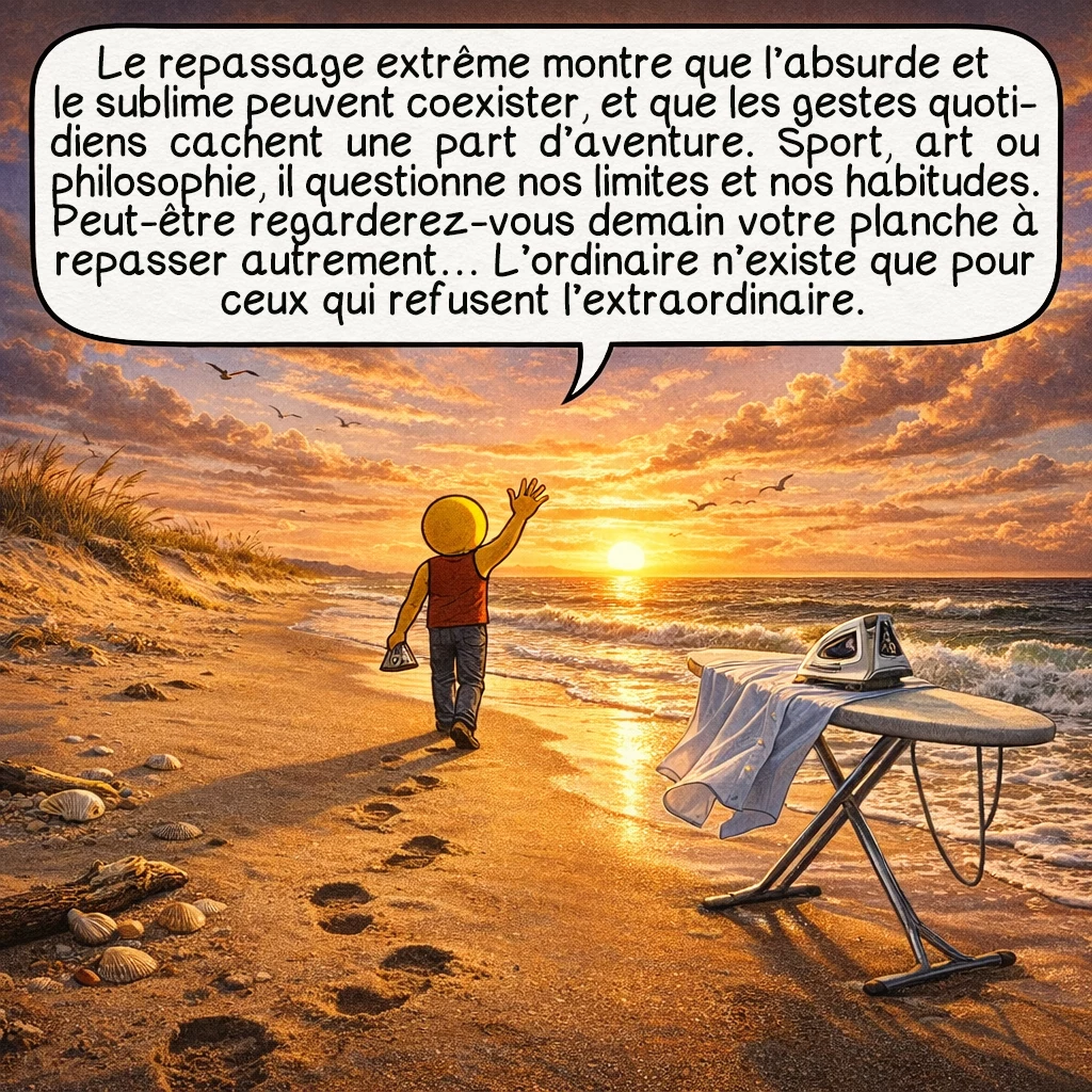 Le repassage extrême, case 10 : Le repassage extrême nous rappelle que l'absurde et le sublime peuvent coexister, que chaque geste quotidien cache un potentiel d'aventure. Qu'on y voie un sport, un art ou une philosophie de vie, il questionne nos limites et nos conventions. Peut-être que demain, vous regarderez différemment votre planche à repasser... Qui sait où elle pourrait vous emmener ? L'ordinaire n'existe que pour ceux qui refusent l'extraordinaire.