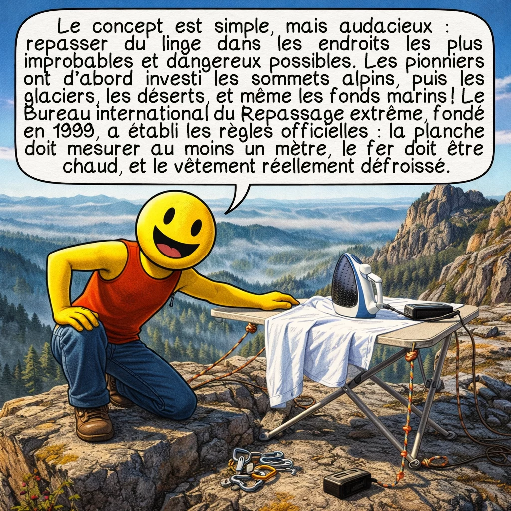 Le repassage extrême, case 2 : Le concept est simple mais audacieux : repasser du linge dans les endroits les plus improbables et dangereux possibles. Les pionniers ont d'abord investi les sommets alpins, puis les glaciers, les déserts et même les fonds marins ! Le Bureau International du Repassage Extrême, fondé en 1999, a établi les règles officielles : la planche doit mesurer au moins un mètre, le fer doit être chaud, et le vêtement réellement défroissé.