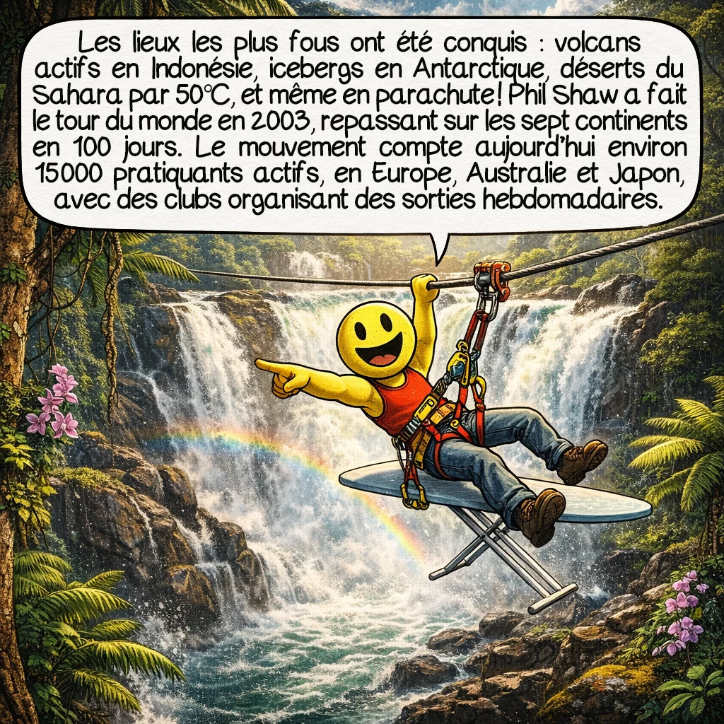 Le repassage extrême, case 5 : Les lieux les plus fous ont été conquis : volcans actifs en Indonésie avec protection thermique, icebergs dérivants en Antarctique, déserts du Sahara par 50°C, et même en parachute ! Phil Shaw lui-même a fait le tour du monde en 2003, repassant sur les sept continents en 100 jours. Le mouvement compte aujourd'hui environ 15 000 pratiquants actifs, principalement en Europe, Australie et Japon, avec des clubs locaux organisant des sorties hebdomadaires.
