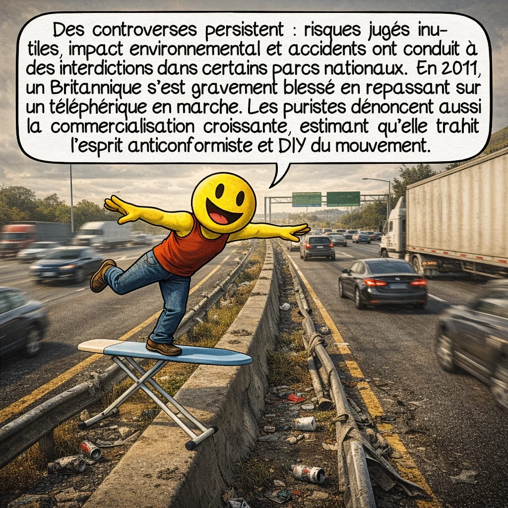 Le repassage extrême, case 6 : Les controverses existent : certains dénoncent les risques inutiles et l'impact environnemental des déplacements. Les autorités ont interdit la pratique dans plusieurs parcs nationaux après des accidents. En 2011, un Britannique s'est gravement blessé en repassant sur un téléphérique en marche. Les puristes critiquent aussi la commercialisation croissante, avec des sponsors d'équipement outdoor qui dénatureraient l'esprit originel anti-conformiste et DIY du mouvement.