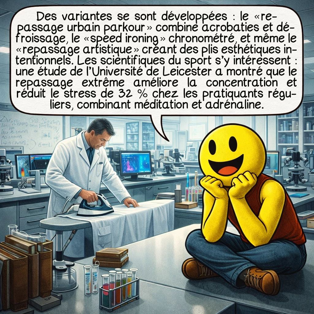 Le repassage extrême, case 7 : Des variantes se sont développées : le 'repassage urbain parkour' combine acrobaties et défroissage, le 'speed ironing' chronométré, et même le 'repassage artistique' créant des plis esthétiques intentionnels. Les scientifiques du sport s'y intéressent : une étude de l'Université de Leicester a montré que le repassage extrême améliore la concentration et réduit le stress de 32% chez les pratiquants réguliers, combinant méditation et adrénaline.