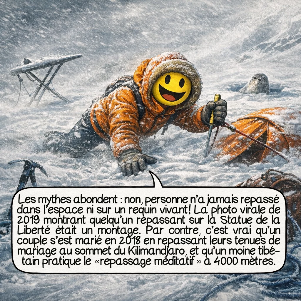 Le repassage extrême, case 8 : Les mythes abondent : non, personne n'a jamais repassé dans l'espace (malgré les rumeurs sur un astronaute russe), ni sur un requin vivant ! La photo virale de 2019 montrant quelqu'un repassant sur la Statue de la Liberté était un montage. Par contre, c'est vrai qu'un couple s'est marié en 2018 en repassant simultanément leurs tenues de mariage au sommet du Kilimandjaro, et qu'un moine tibétain pratique le 'repassage méditatif' à 4 000 mètres.