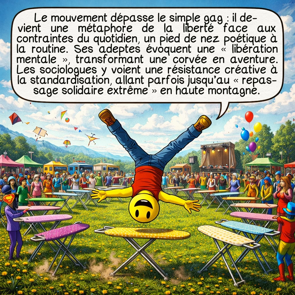 Le repassage extrême, case 9 : La philosophie du mouvement transcende le simple gag : c'est une métaphore de la liberté face aux contraintes domestiques, un pied de nez poétique à la routine. Les pratiquants parlent d'une 'libération mentale', transformant une corvée en aventure. Les sociologues y voient une forme de résistance créative à la standardisation de la vie moderne. Certains clubs pratiquent même le 'repassage solidaire extrême', défroissant des vêtements pour des associations en haute montagne.