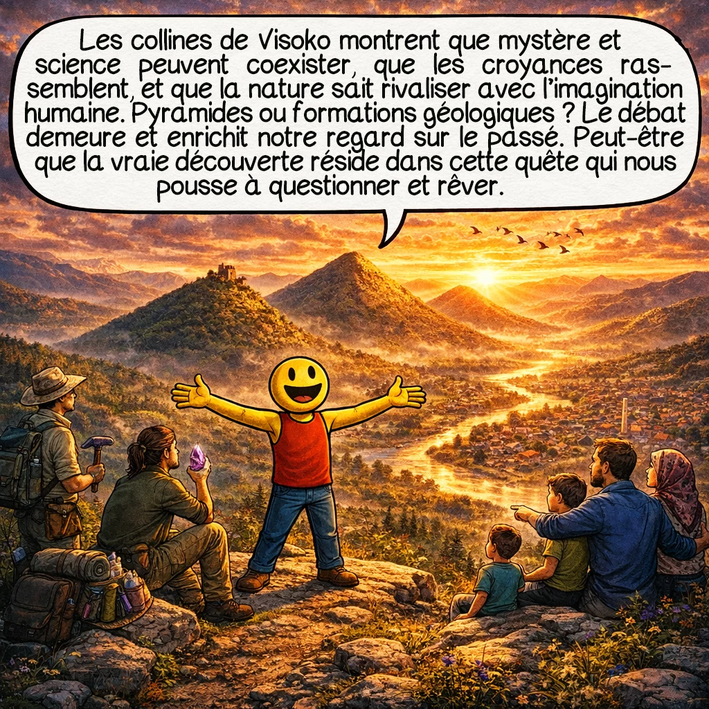 Les pyramides de Bosnie, case 10 : Les collines de Visoko nous enseignent que le mystère peut coexister avec la science, que les croyances peuvent dynamiser les communautés, que la nature crée parfois des œuvres rivalisant avec l’imagination humaine. Pyramides construites ou merveilles géologiques ? Le débat continue, enrichissant notre compréhension du passé et du présent. Peut-être que la vraie découverte est dans cette quête elle-même, qui nous pousse à questionner, explorer et rêver.