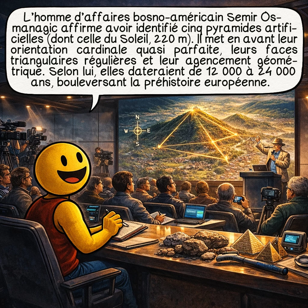 Les pyramides de Bosnie, case 2 : L’homme d’affaires bosno-américain Semir Osmanagić affirme avoir identifié cinq pyramides artificielles : Soleil (220 m), Lune, Dragon, Amour et Temple de la Terre mère. Il souligne leur orientation cardinale parfaite (erreur de 0,2° seulement), leurs faces triangulaires régulières et leur disposition géométrique dans la vallée. Selon lui, elles dateraient de 12 000 à 24 000 ans, révolutionnant notre compréhension de la préhistoire européenne.