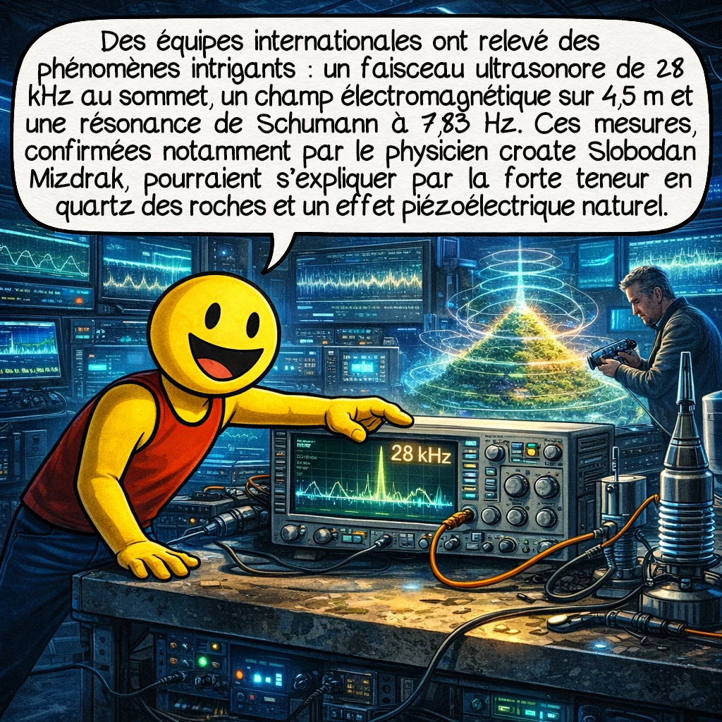 Les pyramides de Bosnie, case 3 : Des équipes internationales ont mesuré des phénomènes intrigants : un faisceau ultrasonore de 28 kHz émergeant du sommet, un champ électromagnétique focalisé de 4,5 mètres de rayon, et la résonance de Schumann à 7,83 Hz. Le physicien croate Slobodan Mizdrak et d’autres chercheurs ont confirmé ces mesures inhabituelles. La haute teneur en quartz des roches pourrait-elle expliquer ces phénomènes par effet piézoélectrique naturel ?