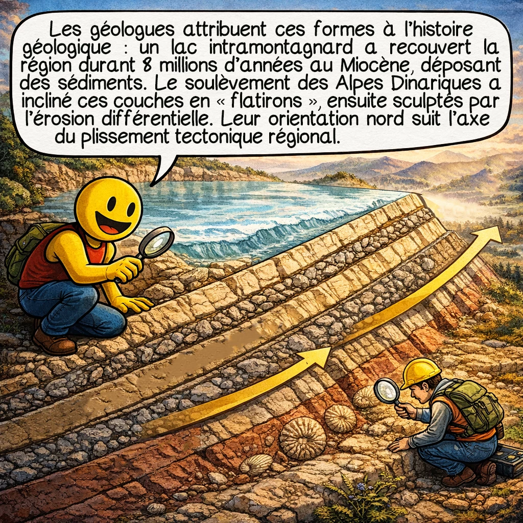Les pyramides de Bosnie, case 4 : Les géologues expliquent ces formes par l’histoire géologique : un lac intramontagnard a recouvert la région pendant 8 millions d’années au Miocène, déposant des sédiments. Le soulèvement des Alpes Dinariques a incliné ces couches, créant des « flatirons ». L’érosion différentielle des roches dures et tendres a sculpté ces formes pyramidales. L’orientation nord parfaite ? Elle suit naturellement l’axe du plissement tectonique régional.