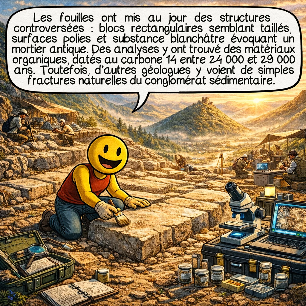 Les pyramides de Bosnie, case 5 : Les fouilles ont révélé des structures controversées : blocs rectangulaires apparemment taillés, surfaces qui semblent polies, substance blanchâtre entre les pierres rappelant du mortier antique. Des analyses ont détecté des matériaux organiques dans ces « bétons », datés au carbone 14 entre 24 000 et 29 000 ans. Cependant, d’autres géologues identifient ces structures comme des fractures naturelles dans le conglomérat, typiques des formations sédimentaires.