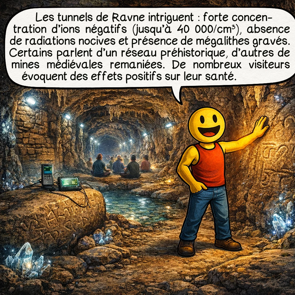 Les pyramides de Bosnie, case 6 : Les tunnels de Ravne présentent des caractéristiques fascinantes : concentration d’ions négatifs jusqu’à 40 000 par cm³ (dix fois plus qu’en forêt), absence de radiations cosmiques nocives, mégalithes avec inscriptions controversées. Certains y voient un réseau préhistorique sophistiqué, d’autres d’anciennes mines médiévales modifiées. Des milliers de visiteurs rapportent des effets bénéfiques sur leur santé après leur passage dans ces tunnels.