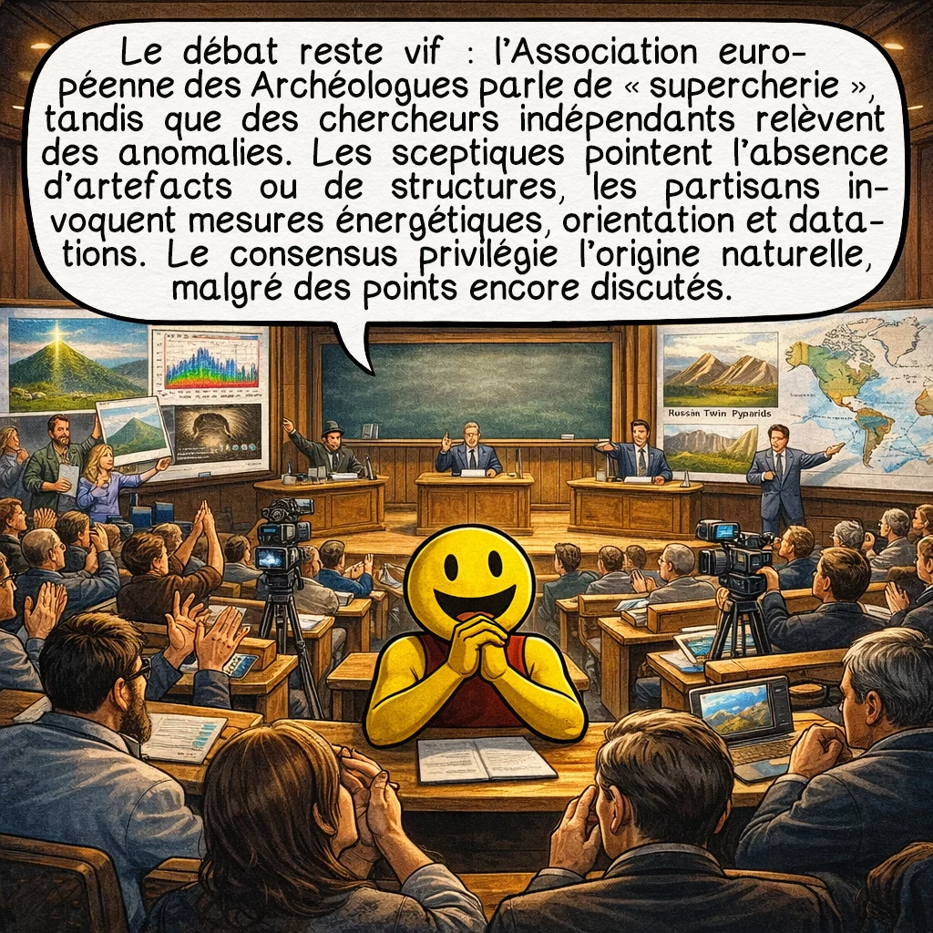 Les pyramides de Bosnie, case 7 : Le débat divise profondément : l’Association européenne des Archéologues dénonce une « supercherie », tandis que des chercheurs indépendants documentent des anomalies inexpliquées. Les sceptiques soulignent l’absence d’artefacts culturels, d’outils ou de structures internes typiques des pyramides. Les partisans citent les mesures énergétiques, l’orientation précise et les matériaux datés. Le consensus scientifique penche vers l’origine naturelle, mais certains phénomènes restent débattus.