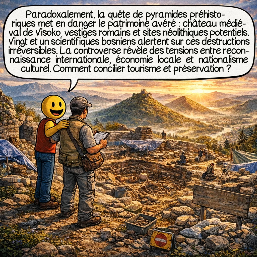 Les pyramides de Bosnie, case 8 : Paradoxalement, la quête de pyramides préhistoriques menace le patrimoine réel : le château médiéval de Visoko, les fortifications romaines, possibles sites néolithiques. Vingt et un scientifiques bosniens ont alerté sur ces destructions irréversibles. La controverse révèle aussi des tensions : désir de reconnaissance internationale, besoins économiques locaux, nationalisme culturel. Comment concilier développement touristique et préservation patrimoniale ?