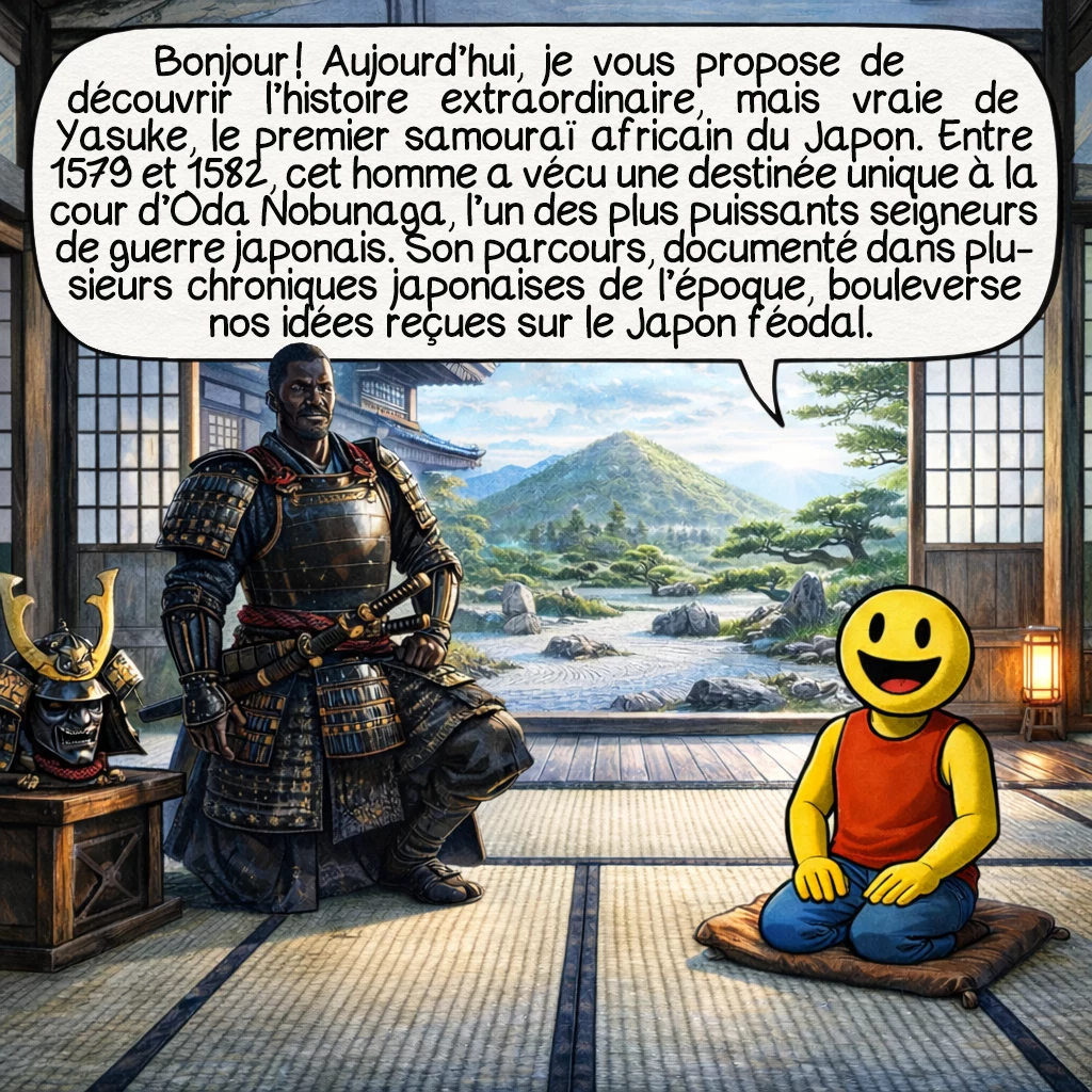 Yasuke, case 1 : Bonjour ! Aujourd’hui, je vous propose de découvrir l’histoire extraordinaire, mais vraie de Yasuke, le premier samouraï africain du Japon. Entre 1579 et 1582, cet homme a vécu une destinée unique à la cour d’Oda Nobunaga, l’un des plus puissants seigneurs de guerre japonais. Son parcours, documenté dans plusieurs chroniques japonaises de l’époque, bouleverse nos idées reçues sur le Japon féodal.