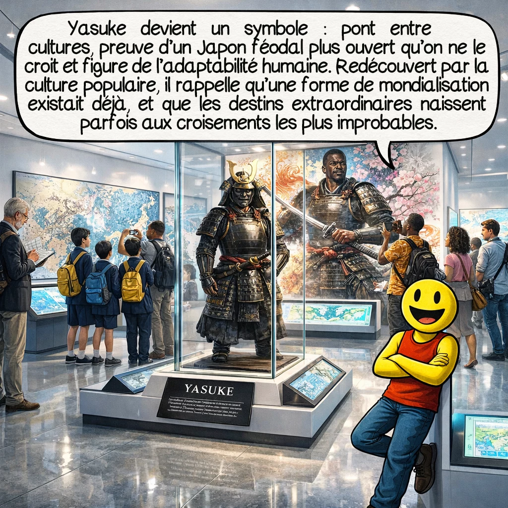 Yasuke, case 10 : Yasuke transcende l’histoire pour devenir symbole : pont entre cultures, preuve que le Japon féodal était plus ouvert qu’on ne l’imagine, inspiration sur l’adaptabilité humaine. Redécouvert récemment via mangas, jeux vidéo et films, il incarne une globalisation ancienne souvent oubliée. Son histoire, bien que brève et incomplète, nous rappelle que les destins extraordinaires surgissent parfois aux confluences les plus improbables des civilisations.