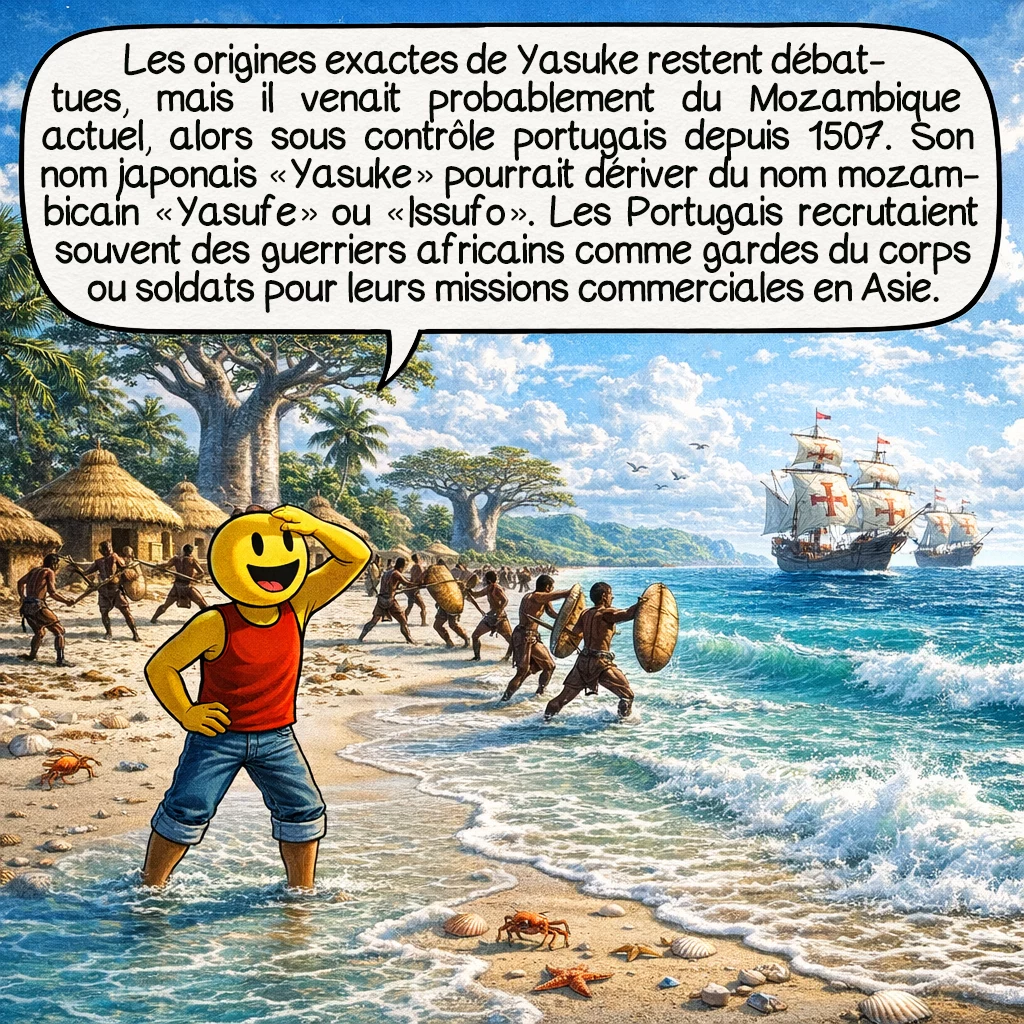 Yasuke, case 2 : Les origines exactes de Yasuke restent débattues. Les sources suggèrent qu’il venait probablement du Mozambique actuel, alors sous contrôle portugais depuis 1507. Son nom japonais « Yasuke » pourrait dériver du nom mozambicain « Yasufe » ou « Issufo ». Les Portugais recrutaient souvent des guerriers africains comme gardes du corps ou soldats pour leurs missions commerciales en Asie.