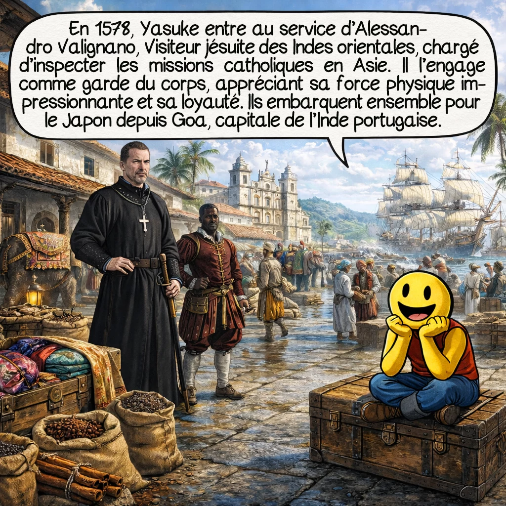 Yasuke, case 3 : En 1578, Yasuke entre au service d’Alessandro Valignano, Visiteur jésuite des Indes orientales. Valignano, chargé d’inspecter les missions catholiques en Asie, l’engage comme garde du corps. Le jésuite italien appréciait sa force physique impressionnante et sa loyauté. En mars 1579, ils embarquent ensemble pour le Japon depuis Goa, capitale de l’Inde portugaise.