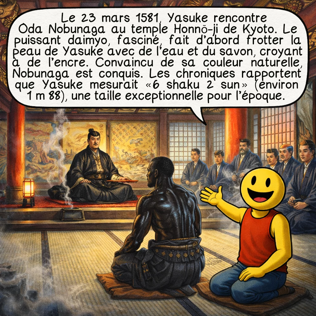 Yasuke, case 4 : Le 23 mars 1581, Yasuke rencontre Oda Nobunaga au temple Honnō-ji de Kyoto. Le puissant daimyō, fasciné, fait d’abord frotter la peau de Yasuke avec de l’eau et du savon, croyant à de l’encre. Convaincu de sa couleur naturelle, Nobunaga est conquis. Les chroniques rapportent que Yasuke mesurait « 6 shaku 2 sun » (environ 1 m 88), une taille exceptionnelle pour l’époque.