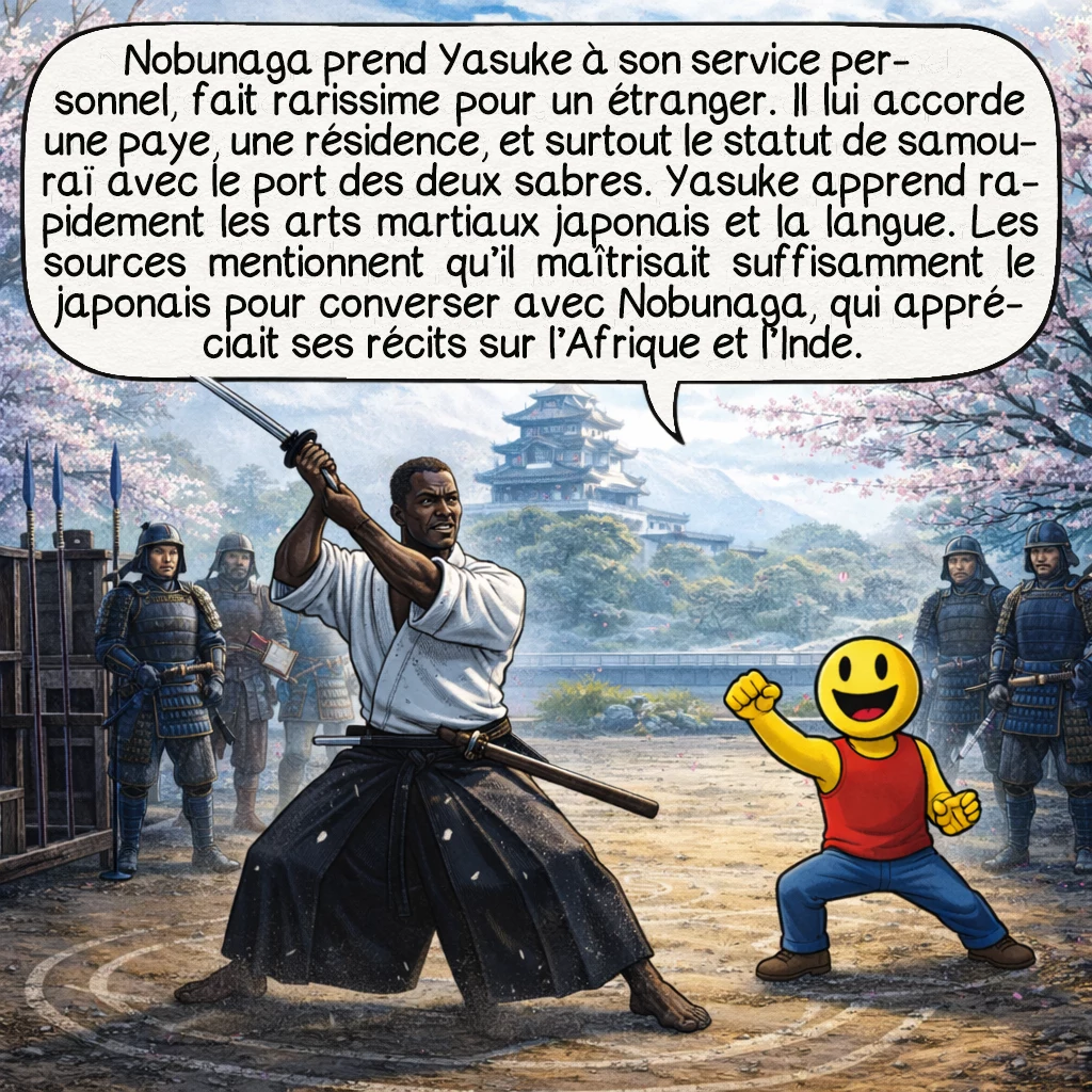 Yasuke, case 5 : Nobunaga prend Yasuke à son service personnel, fait rarissime pour un étranger. Il lui accorde une paye, une résidence, et surtout le statut de samouraï avec le port des deux sabres. Yasuke apprend rapidement les arts martiaux japonais et la langue. Les sources mentionnent qu’il maîtrisait suffisamment le japonais pour converser avec Nobunaga, qui appréciait ses récits sur l’Afrique et l’Inde.