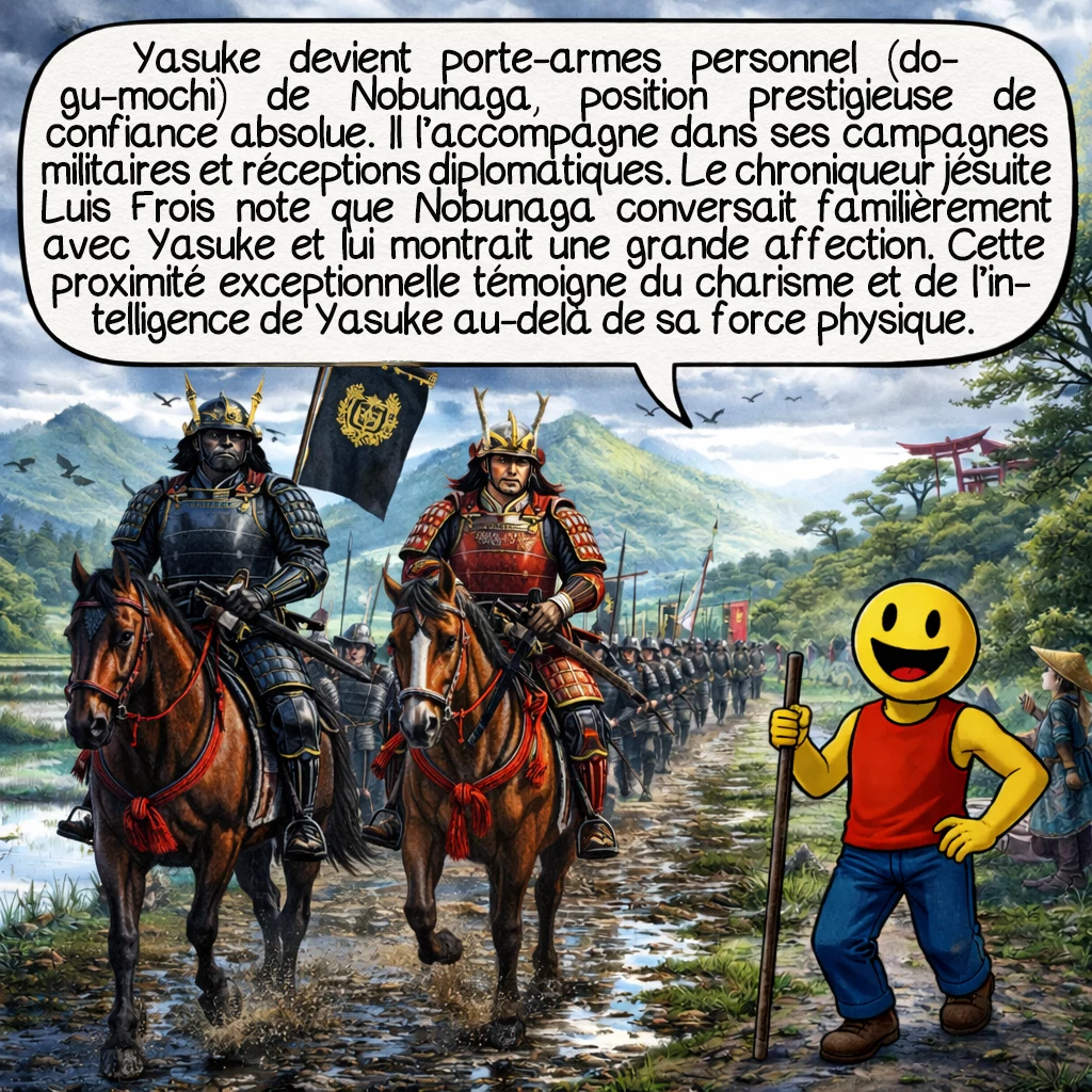 Yasuke, case 6 : Yasuke devient porte-armes personnel (dōgu-mochi) de Nobunaga, position prestigieuse de confiance absolue. Il l’accompagne dans ses campagnes militaires et réceptions diplomatiques. Le chroniqueur jésuite Luis Frois note que Nobunaga conversait familièrement avec Yasuke et lui montrait une grande affection. Cette proximité exceptionnelle témoigne du charisme et de l’intelligence de Yasuke au-delà de sa force physique.