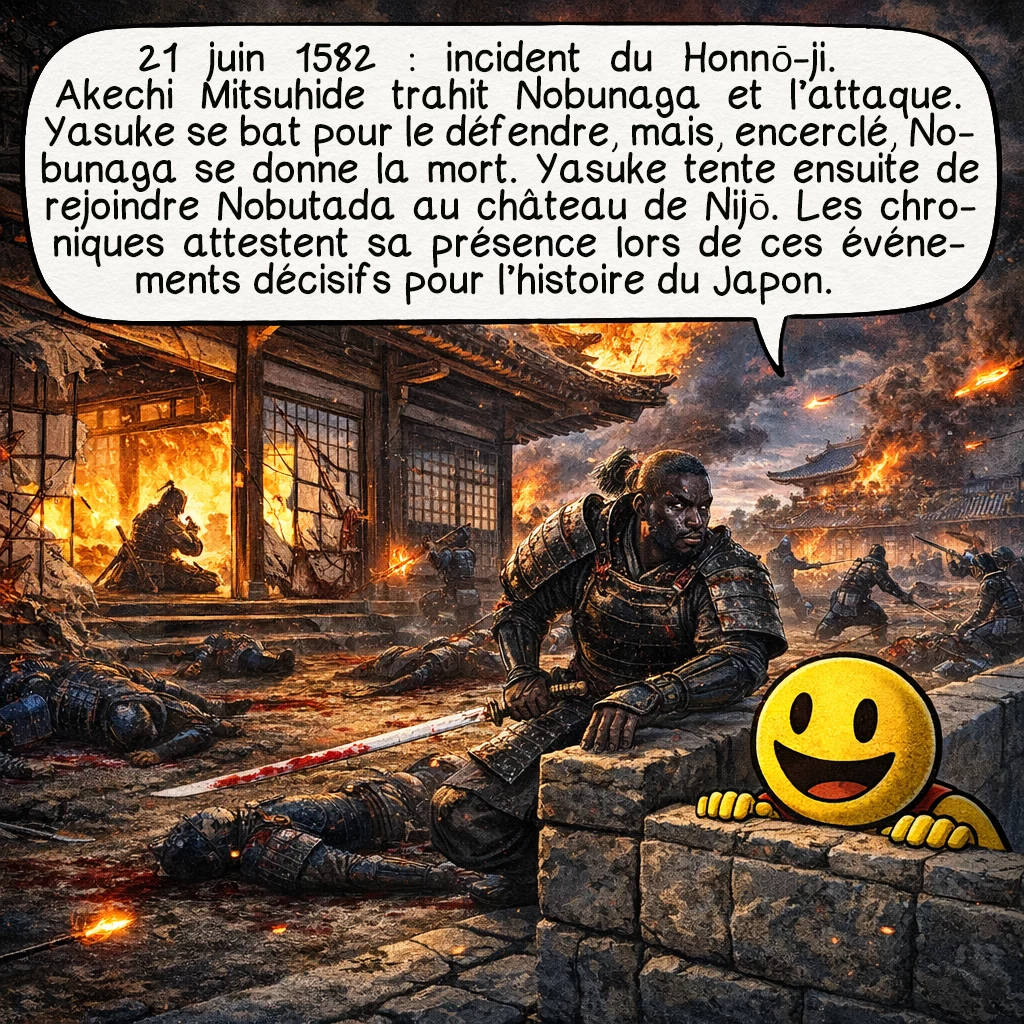 Yasuke, case 7 : 21 juin 1582 : l’incident du Honnō-ji. Le général Akechi Mitsuhide trahit et attaque Nobunaga. Yasuke combat courageusement pour défendre son seigneur, mais Nobunaga, encerclé, commet seppuku plutôt que d’être capturé. Yasuke tente ensuite de rejoindre Oda Nobutada, fils de Nobunaga, au château de Nijō. Les chroniques confirment sa présence lors de ces événements dramatiques qui changèrent l’histoire du Japon.
