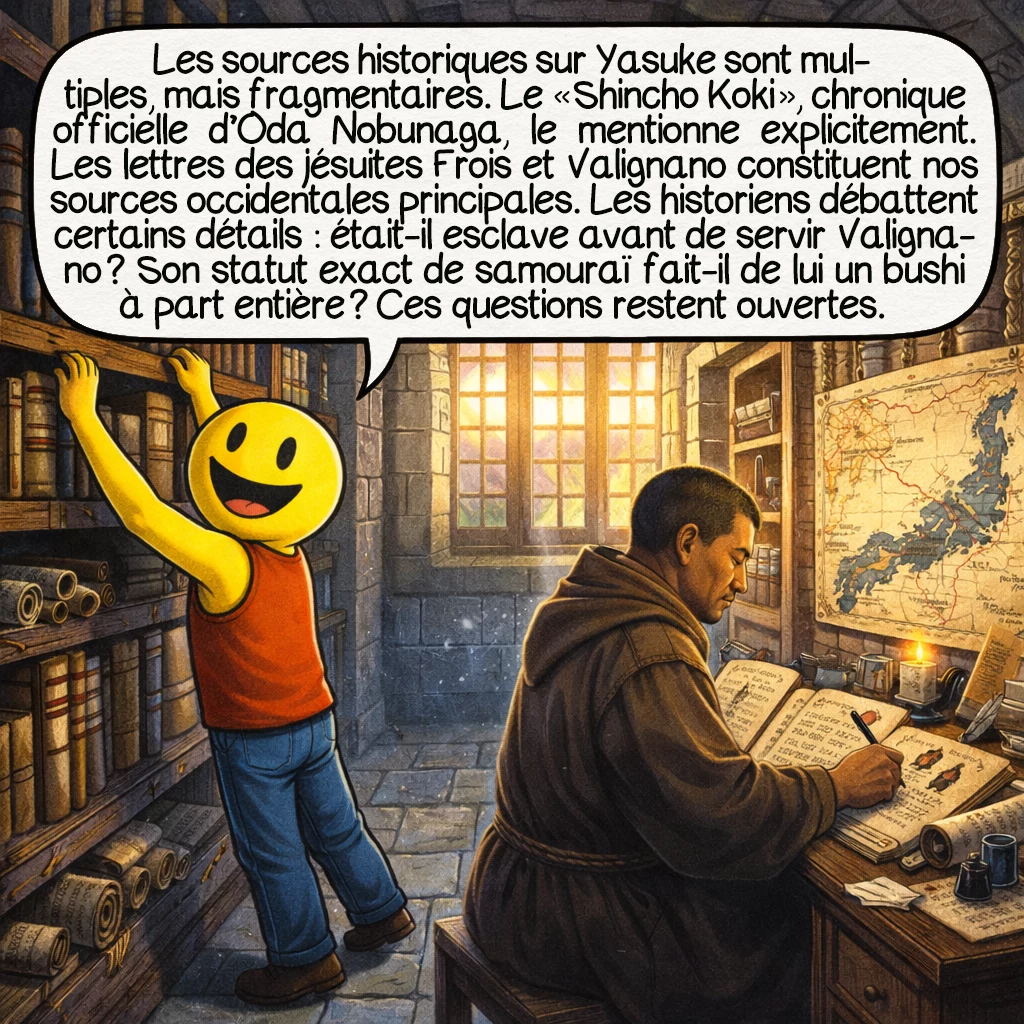 Yasuke, case 8 : Les sources historiques sur Yasuke sont multiples, mais fragmentaires. Le « Shinchō Kōki », chronique officielle d’Oda Nobunaga, le mentionne explicitement. Les lettres des jésuites Frois et Valignano constituent nos sources occidentales principales. Les historiens débattent certains détails : était-il esclave avant de servir Valignano ? Son statut exact de samouraï fait-il de lui un bushi à part entière ? Ces questions restent ouvertes.