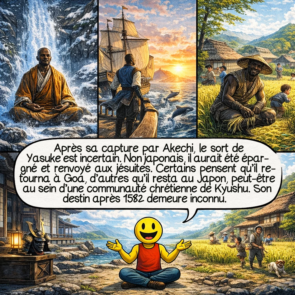 Yasuke, case 9 : Après la capture par Akechi, le destin de Yasuke devient mystérieux. Akechi, le jugeant « non japonais et animal », l’aurait épargné et renvoyé aux jésuites — geste méprisant qui lui sauva paradoxalement la vie. Certains historiens pensent qu’il retourna à Goa, d’autres qu’il resta au Japon. Une théorie suggère qu’il vécut ses derniers jours dans la communauté chrétienne de Kyushu. Aucune source ne confirme définitivement son sort après 1582.