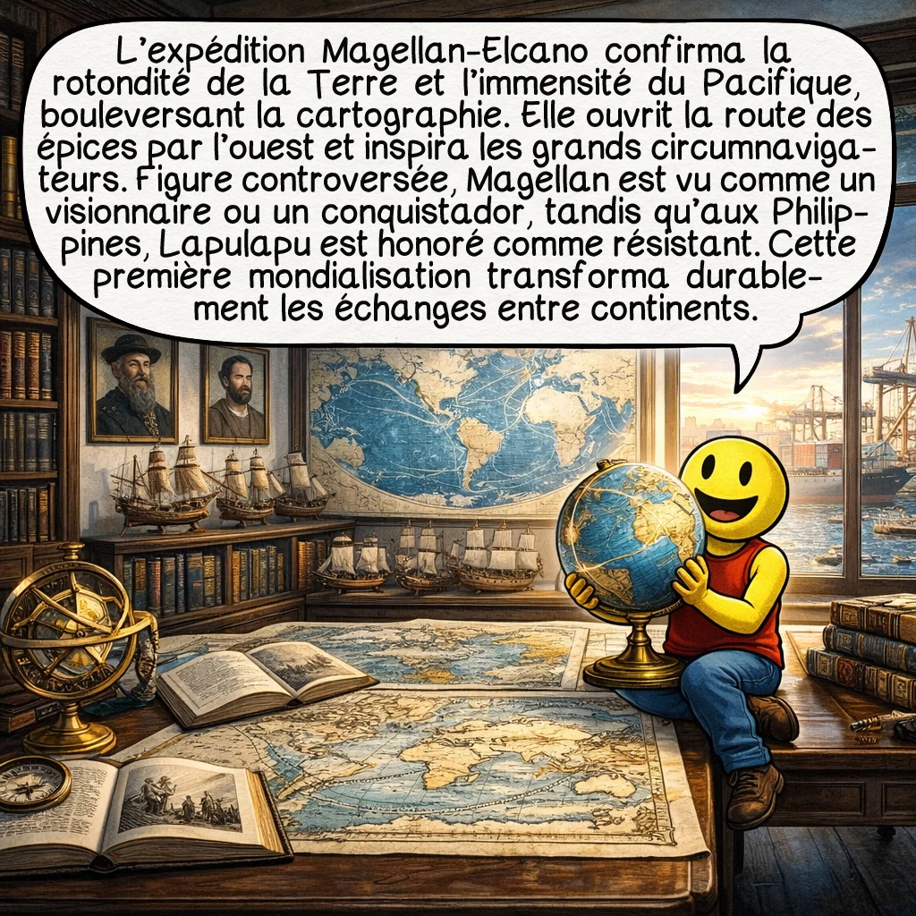 Ferdinand Magellan, case 10 : L’expédition de Magellan-Elcano prouva définitivement la rotondité de la Terre et révéla l’immensité du Pacifique, révolutionnant la cartographie mondiale. Elle ouvrit la route des épices par l’ouest et inspira Drake, Cook et tous les circumnavigateurs suivants. Magellan reste controversé : héros visionnaire pour certains, conquistador brutal pour d’autres, notamment aux Philippines, où Lapulapu est célébré comme résistant. Cette première mondialisation commerciale transforma à jamais les échanges culturels, économiques et biologiques entre continents.