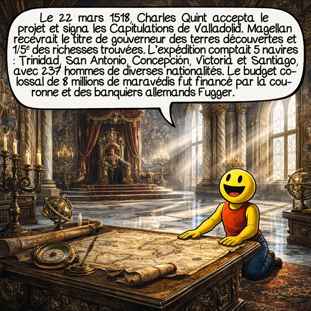 Ferdinand Magellan, case 2 : Le 22 mars 1518, Charles Quint accepta le projet et signa les Capitulations de Valladolid. Magellan recevrait le titre héréditaire de gouverneur des terres découvertes et un cinquième des richesses trouvées. L’expédition comptait 5 navires : Trinidad, San Antonio, Concepción, Victoria et Santiago, avec 237 hommes de diverses nationalités. Le budget colossal de 8 millions de maravédis fut financé par la couronne et des banquiers allemands Fugger.