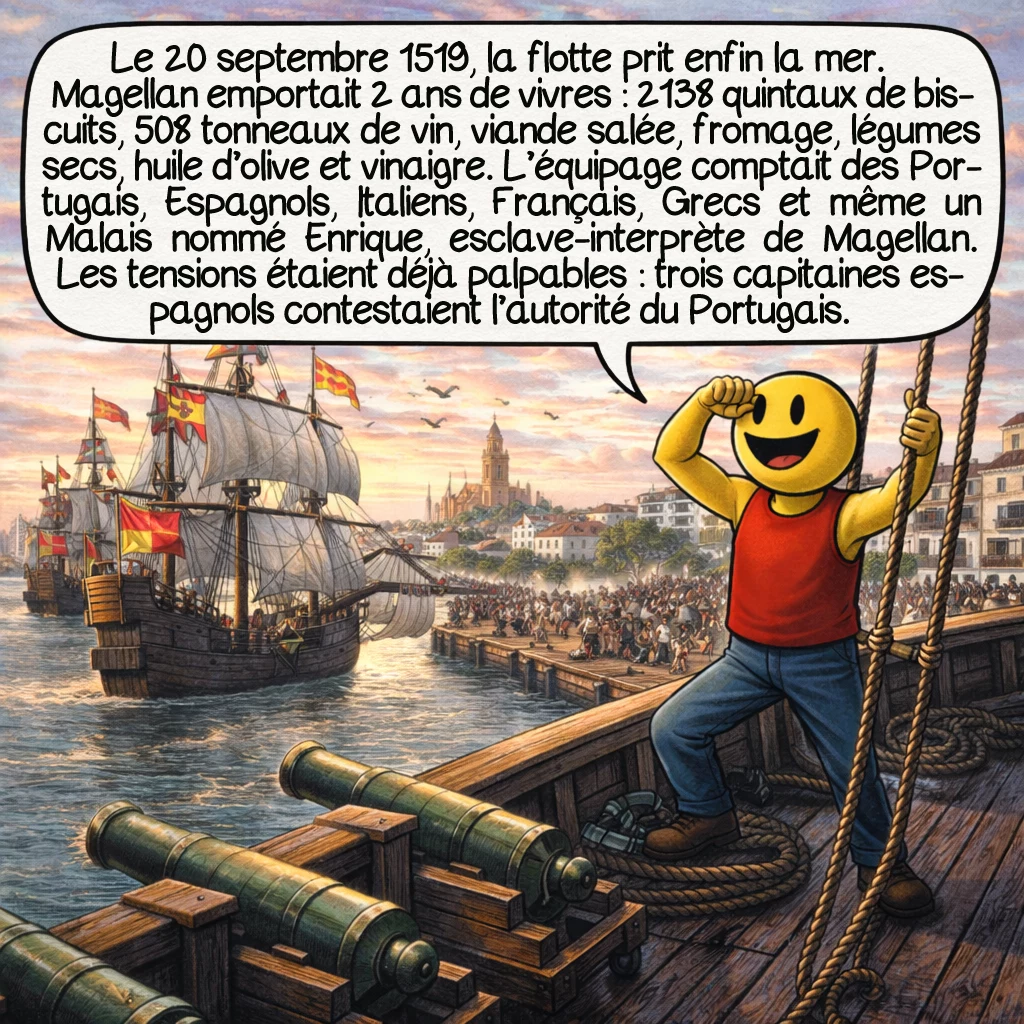 Ferdinand Magellan, case 3 : Le 20 septembre 1519, après une escale à Sanlúcar, la flotte prit enfin la mer. Magellan emportait 2 ans de vivres : 2138 quintaux de biscuits, 508 tonneaux de vin, viande salée, fromage, légumes secs, huile d’olive et vinaigre. L’équipage comptait des Portugais, Espagnols, Italiens, Français, Grecs et même un Malais nommé Enrique, esclave-interprète de Magellan. Les tensions étaient déjà palpables : trois capitaines espagnols contestaient l’autorité du Portugais.