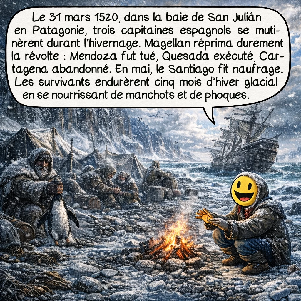 Ferdinand Magellan, case 4 : Le 31 mars 1520, dans la baie de San Julián en Patagonie, trois capitaines espagnols se mutinèrent pendant l’hivernage. Gaspar de Quesada, Juan de Cartagena et Luis de Mendoza tentèrent de prendre le contrôle de la flotte. Magellan riposta avec brutalité : Mendoza fut tué, Quesada exécuté et écartelé, Cartagena abandonné sur la côte. Le Santiago fit naufrage en mai lors d’une reconnaissance. Les hommes survécurent en mangeant des manchots et des phoques pendant cinq mois d’hiver glacial.