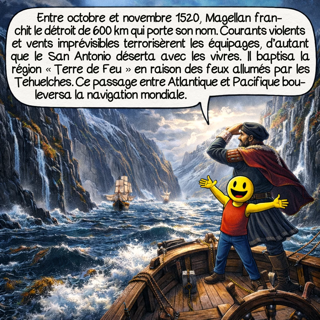 Ferdinand Magellan, case 5 : Du 21 octobre au 28 novembre 1520, Magellan découvrit et franchit le détroit de 600 km qui porte aujourd’hui son nom. Ce labyrinthe maritime aux courants violents et vents imprévisibles terrifia les équipages. Le San Antonio déserta avec les vivres, réduisant dramatiquement les provisions. Magellan nomma cette région « Terre de Feu » à cause des feux allumés par les indigènes Tehuelches. Ce passage stratégique entre Atlantique et Pacifique révolutionna la navigation mondiale.