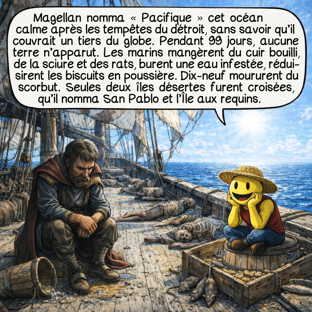 Ferdinand Magellan, case 6 : Magellan baptisa « Pacifique » cet océan calme après les tempêtes du détroit, ignorant qu’il couvrait un tiers de la planète. Pendant 99 jours, aucune terre habitable ne fut aperçue. Les hommes mangèrent le cuir des vergues bouilli, la sciure, les rats vendus un demi-ducat pièce. L’eau croupie grouillait de vers, les biscuits n’étaient que poussière jaune. Dix-neuf marins moururent du scorbut, leurs gencives pourrissant, leurs jambes enflant. Seules deux îles désertes furent croisées : San Pablo et Tiburones.