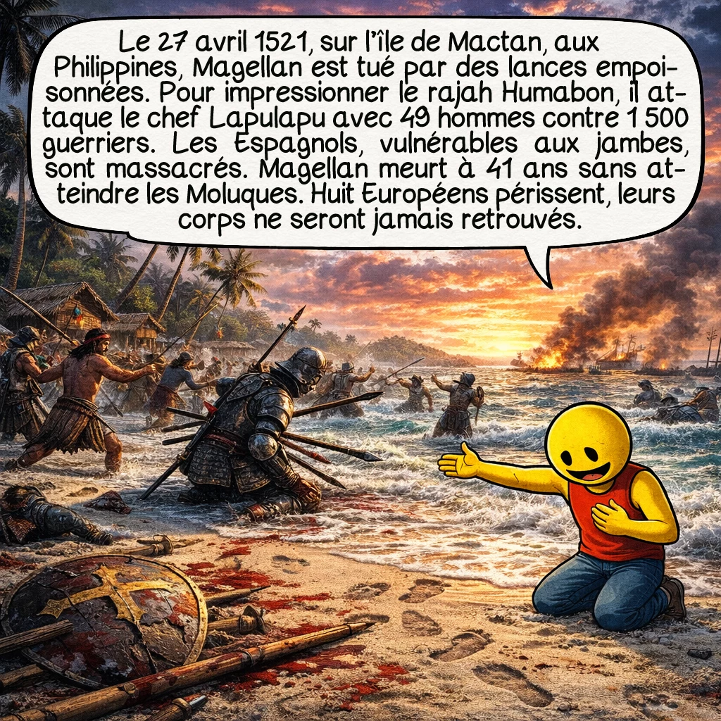 Ferdinand Magellan, case 7 : Le 27 avril 1521, sur l’île de Mactan aux Philippines, Magellan mourut transpercé de lances empoisonnées. Il avait voulu impressionner le rajah Humabon converti au christianisme en attaquant le chef Lapulapu avec seulement 49 hommes contre 1500 guerriers. Erreur fatale : les armures espagnoles ne protégeaient pas les jambes, cibles des lances philippines. Magellan avait 41 ans et ne verra jamais les Moluques. Huit autres Européens périrent, les corps ne furent jamais récupérés.