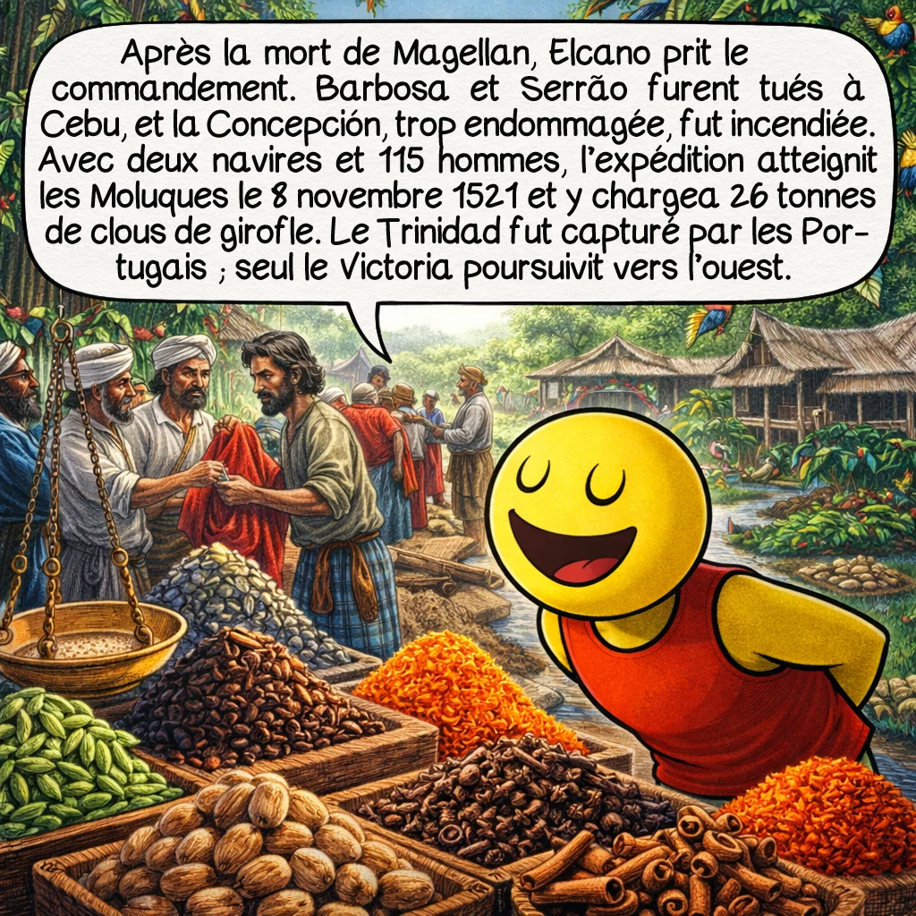 Ferdinand Magellan, case 8 : Après la mort de Magellan, Juan Sebastián Elcano prit le commandement. Duarte Barbosa et João Serrão furent massacrés lors d’un guet-apens à Cebu. La Concepción, trop endommagée, fut brûlée. Avec seulement deux navires et 115 hommes, ils atteignirent enfin Tidore aux Moluques le 8 novembre 1521. Là, ils chargèrent 26 tonnes de clous de girofle valant une fortune. Le Trinidad tenta de retraverser le Pacifique, mais fut capturé par les Portugais. Seul le Victoria continua vers l’ouest.