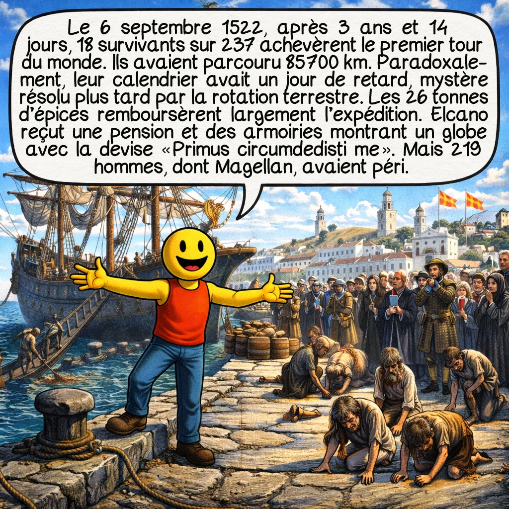 Ferdinand Magellan, case 9 : Le 6 septembre 1522, après 3 ans et 14 jours, 18 survivants sur 237 achevèrent le premier tour du monde. Ils avaient parcouru 85 700 km. Paradoxalement, leur calendrier avait un jour de retard, mystère résolu plus tard par la rotation terrestre. Les 26 tonnes d’épices remboursèrent largement l’expédition. Elcano reçut une pension et des armoiries montrant un globe avec la devise « Primus circumdedisti me ». Mais 219 hommes, dont Magellan, avaient péri.