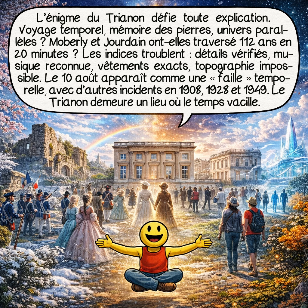 Les fantômes du Trianon, case 10 : L’énigme du Trianon transcende les explications. Voyage temporel ? Mémoire des pierres ? Univers parallèles ? Chaque théorie soulève l’impossible. Moberly et Jourdain ont-elles vraiment traversé 112 ans en 20 minutes ? Leurs preuves restent troublantes : détails vérifiés, musique identifiée, vêtements exacts, topographie impossible. Le 10 août semble être une « faille » temporelle : des incidents similaires sont rapportés en 1908, 1928, 1949, toujours ce jour précis. Le Trianon reste un lieu où le temps danse, nous rappelant que notre réalité cache peut-être des portes vers l’impossible.
