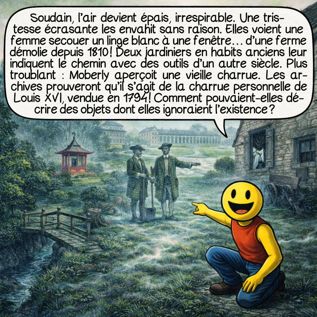 Les fantômes du Trianon, case 2 : Soudain, l’air devient épais, irrespirable. Une tristesse écrasante les envahit sans raison. Elles voient une femme secouer un linge blanc à une fenêtre… d’une ferme démolie depuis 1810 ! Deux jardiniers en habits anciens leur indiquent le chemin avec des outils d’un autre siècle. Plus troublant : Moberly aperçoit une vieille charrue. Les archives prouveront qu’il s’agit de la charrue personnelle de Louis XVI, vendue en 1794 ! Comment pouvaient-elles décrire des objets dont elles ignoraient l’existence ?