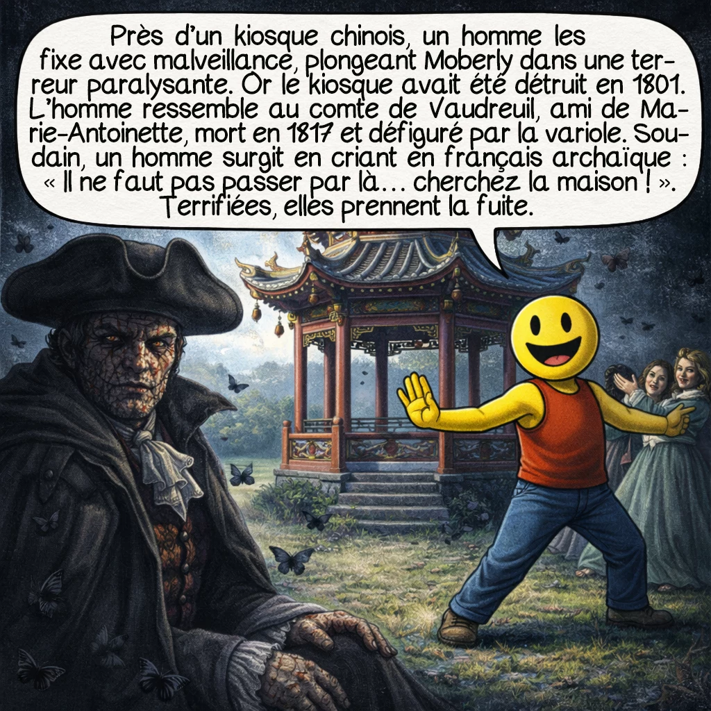 Les fantômes du Trianon, case 3 : Près d’un kiosque chinois, un homme au visage atrocement grêlé les fixe avec malveillance. Moberly ressent une « terreur paralysante ». Ce kiosque fut détruit en 1801, cent ans avant leur visite ! L’homme correspond trait pour trait au Comte de Vaudreuil, ami intime de Marie-Antoinette, mort en 1817, défiguré par la variole. Soudain, un homme bouclé surgit en courant, parlant un français archaïque incompréhensible : « Il ne faut pas passer par là… par ici… cherchez la maison ! » Ils fuient la présence menaçante.