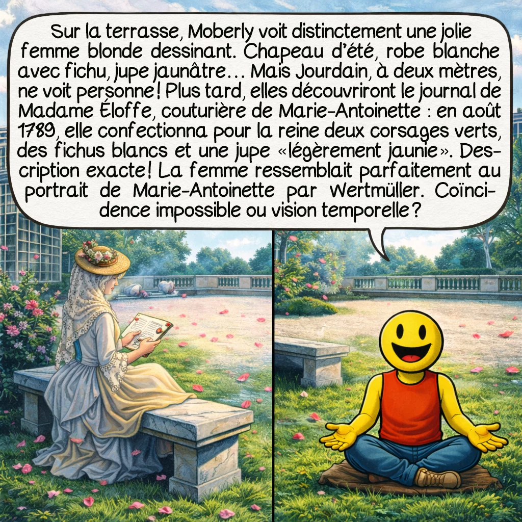 Les fantômes du Trianon, case 4 : Sur la terrasse, Moberly voit distinctement une jolie femme blonde dessinant. Chapeau d’été, robe blanche avec fichu, jupe jaunâtre… Mais Jourdain, à deux mètres, ne voit personne ! Plus tard, elles découvriront le journal de Madame Éloffe, couturière de Marie-Antoinette : en août 1789, elle confectionna pour la reine deux corsages verts, des fichus blancs et une jupe « légèrement jaunie ». Description exacte ! La femme ressemblait parfaitement au portrait de Marie-Antoinette par Wertmüller. Coïncidence impossible ou vision temporelle ?