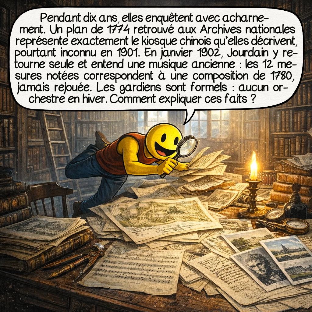 Les fantômes du Trianon, case 5 : Pendant dix ans, elles mènent une enquête obsessionnelle. Découverte stupéfiante : un plan de 1774, retrouvé aux Archives nationales, montre le kiosque chinois exact qu’elles ont décrit, inconnu des historiens de 1901 ! En janvier 1902, Jourdain retourne seule et entend une musique ancienne. Un expert identifie les 12 mesures qu’elle transcrit : composition de 1780, jamais rejouée depuis ! Les gardiens confirment : aucun orchestre autorisé en hiver. Comment expliquer ces connaissances impossibles ?