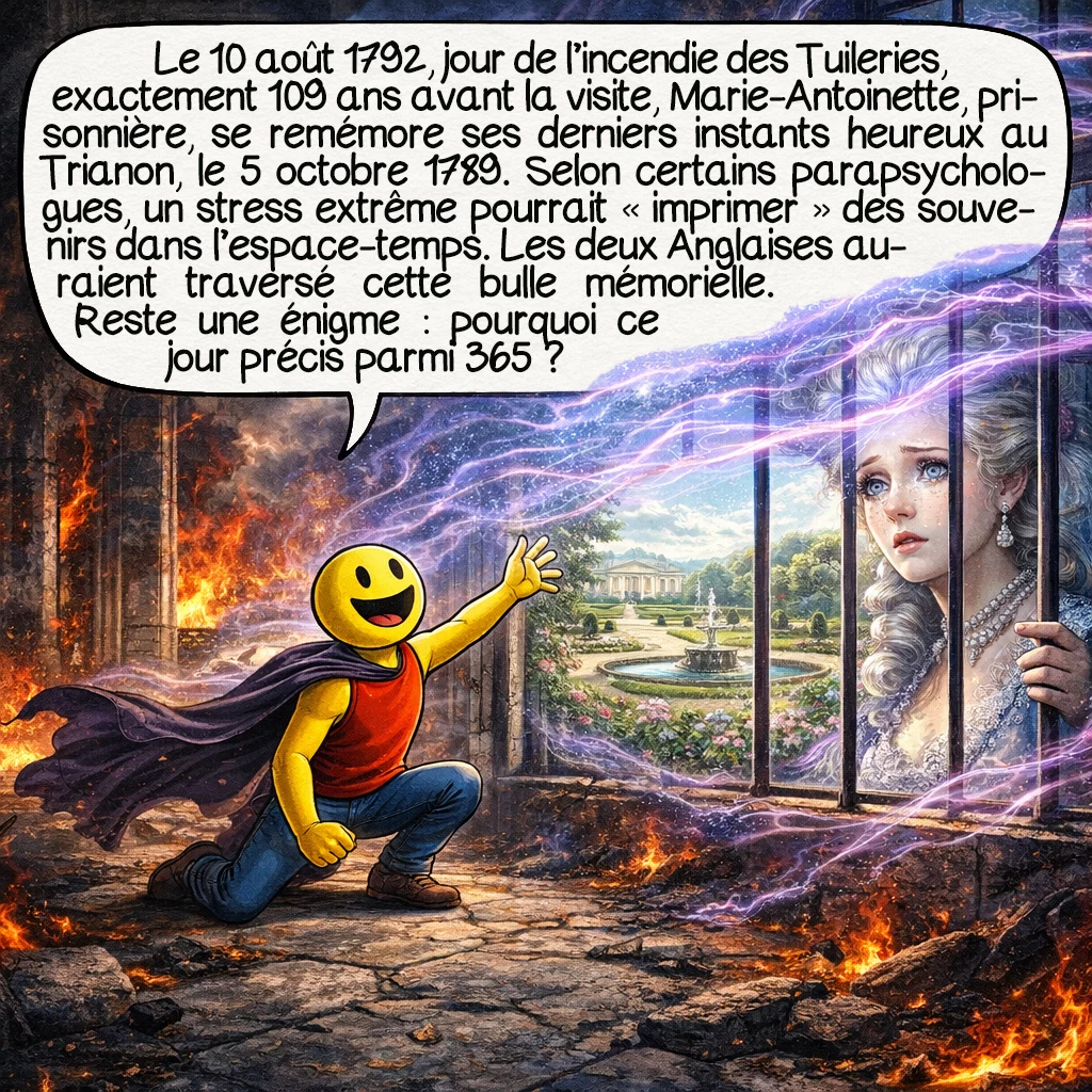 Les fantômes du Trianon, case 6 : Le 10 août 1792, jour exact de l’incendie des Tuileries, 109 ans précisément avant la visite ! Marie-Antoinette, prisonnière, se remémore intensément ses derniers moments heureux au Trianon, le 5 octobre 1789. Les parapsychologues théorisent : sous stress extrême, la conscience peut « imprimer » des souvenirs dans l’espace-temps. Les deux Anglaises auraient traversé cette « bulle mémorielle » projetée par l’agonie psychique de la reine. La précision des dates est troublante : pourquoi ce jour précis sur 365 possibles ?