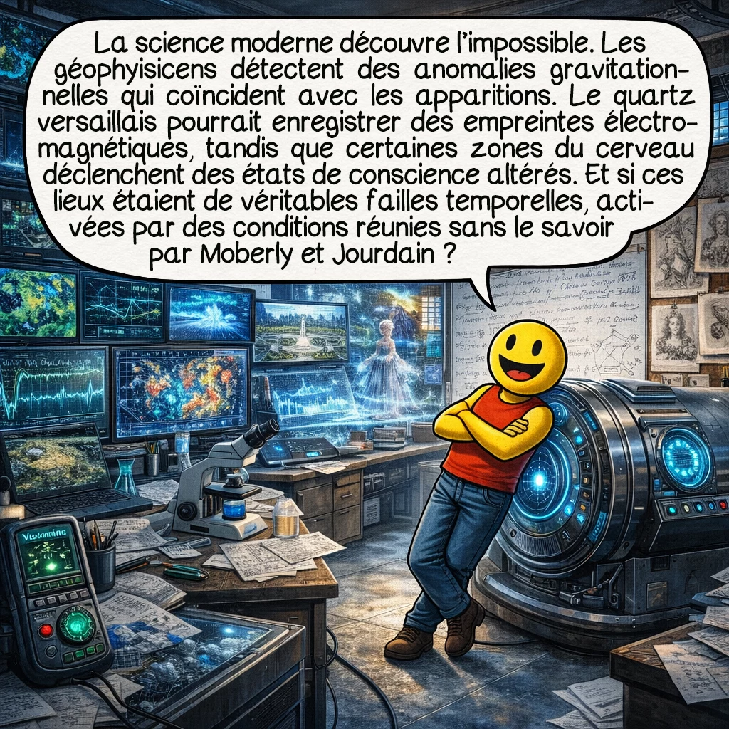 Les fantômes du Trianon, case 7 : La science moderne découvre l’impossible. Les géophysiciens détectent des « anomalies gravitationnelles » précisément où les apparitions furent vues. Le quartz du sous-sol versaillais présente des propriétés piézoélectriques capables d’enregistrer des « empreintes électromagnétiques ». Les neuroscientifiques identifient des fréquences cérébrales spécifiques déclenchées par ces zones, provoquant des états altérés de conscience. Théorie vertigineuse : et si certains lieux étaient des « failles temporelles » naturelles, activées par des conditions précises que Moberly et Jourdain ont involontairement réunies ?
