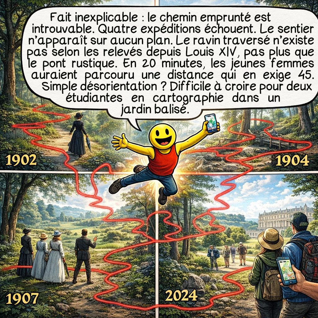 Les fantômes du Trianon, case 8 : Fait inexplicable : impossible de retrouver le chemin emprunté ! Quatre expéditions échouent. Le sentier n’existe pas sur les plans. La topographie elle-même semble altérée : le ravin traversé n’a jamais existé selon les relevés topographiques depuis Louis XIV ! Le pont rustique ? Aucune trace dans les archives. La distance parcourue en 20 minutes nécessite 45 minutes par tout itinéraire connu. Les sceptiques invoquent une désorientation, mais comment deux universitaires cartographes se perdraient-elles à ce point dans un jardin balisé ?