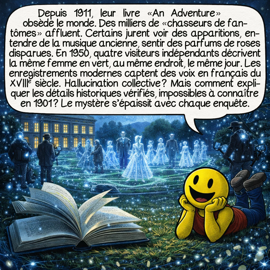 Les fantômes du Trianon, case 9 : Depuis 1911, leur livre « An Adventure » obsède le monde. Des milliers de « chasseurs de fantômes » affluent. Certains jurent voir des apparitions, entendre de la musique ancienne, sentir des parfums de roses disparues. En 1950, quatre visiteurs indépendants décrivent la même femme en vert, au même endroit, même jour. Les enregistrements modernes captent des voix en français du XVIIIe siècle. Hallucination collective ? Mais comment expliquer les détails historiques vérifiés, impossibles à connaître en 1901 ? Le mystère s’épaissit avec chaque enquête.