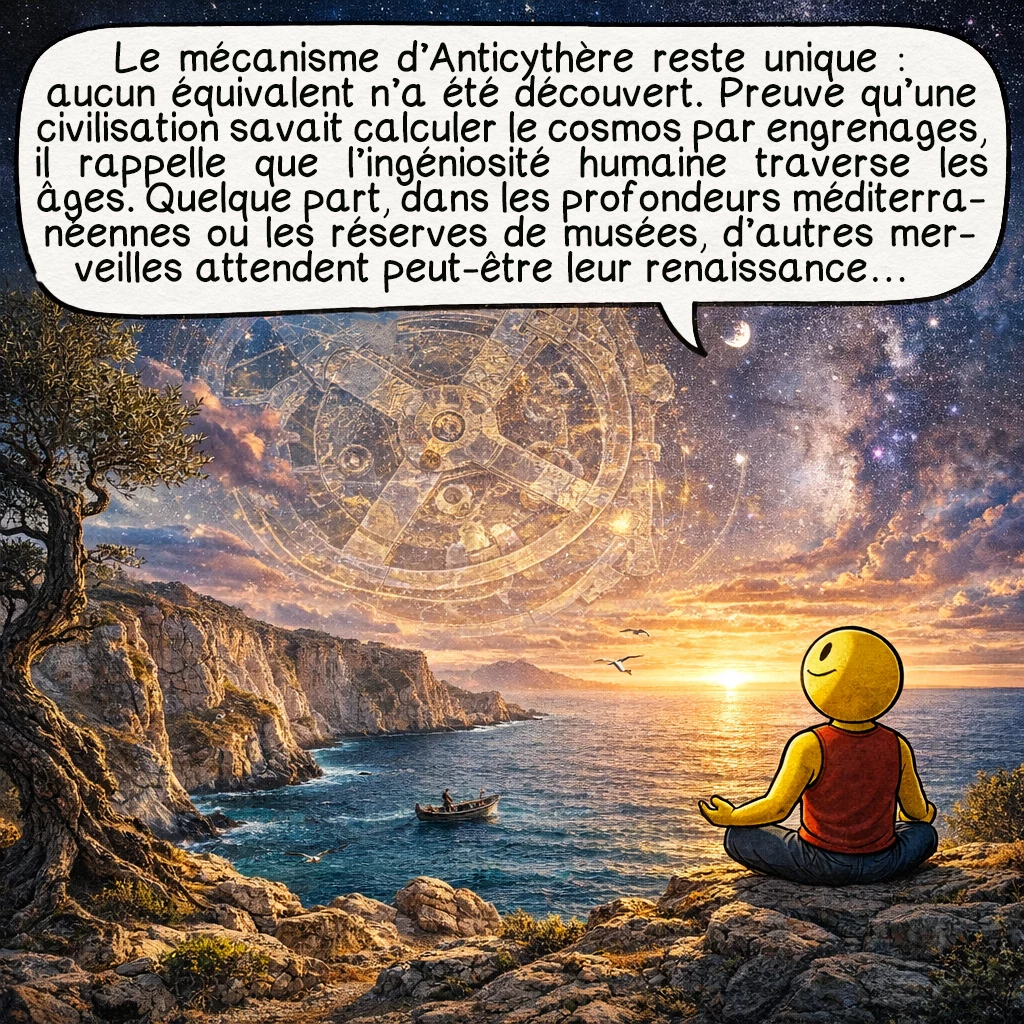 Le mécanisme d’Anticythère, case 10 : Le mécanisme d’Anticythère demeure unique : aucun autre exemplaire n’a été trouvé malgré les recherches. Témoignage d’une civilisation qui calculait le cosmos avec des roues dentées, il nous rappelle que l’ingéniosité humaine transcende les époques. Quelque part, dans les profondeurs méditerranéennes ou les réserves de musées, d’autres merveilles attendent peut-être leur renaissance…