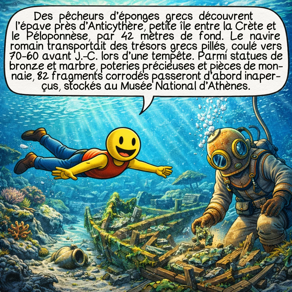 Le mécanisme d’Anticythère, case 2 : Des pêcheurs d’éponges grecs découvrent l’épave près d’Anticythère, petite île entre la Crète et le Péloponnèse, par 42 mètres de fond. Le navire romain transportait des trésors grecs pillés, coulé vers 70-60 avant J.-C. lors d’une tempête. Parmi statues de bronze et marbre, poteries précieuses et pièces de monnaie, 82 fragments corrodés passeront d’abord inaperçus, stockés au Musée National d’Athènes.
