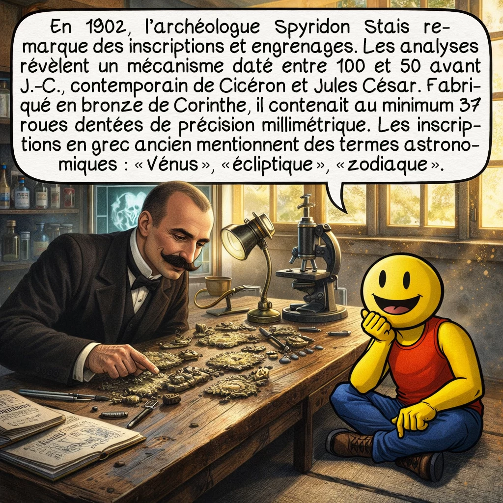 Le mécanisme d’Anticythère, case 3 : En 1902, l’archéologue Spyridon Stais remarque des inscriptions et engrenages. Les analyses révèlent un mécanisme daté entre 100 et 50 avant J.-C., contemporain de Cicéron et Jules César. Fabriqué en bronze de Corinthe, il contenait au minimum 37 roues dentées de précision millimétrique. Les inscriptions en grec ancien mentionnent des termes astronomiques : « Vénus », « écliptique », « zodiaque ».